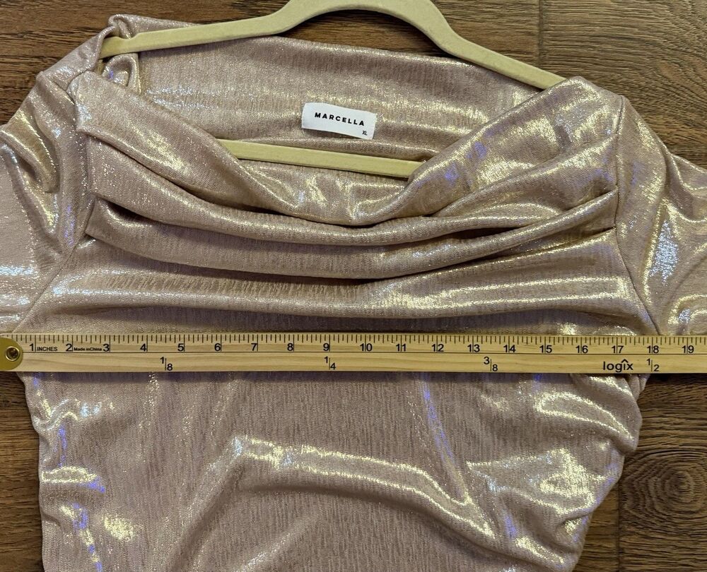 Marcella NYC Cooper Metallic Top XL Stardust Gold Draped Off Shoulder Ruched - Picture 7 of 7